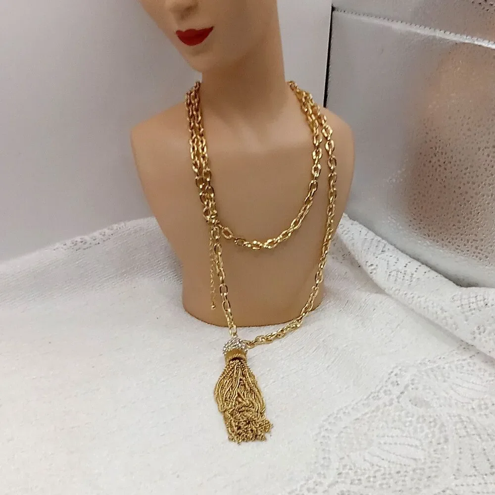 Gold Tone Chain Tassel Necklace Crystal Ball Cap